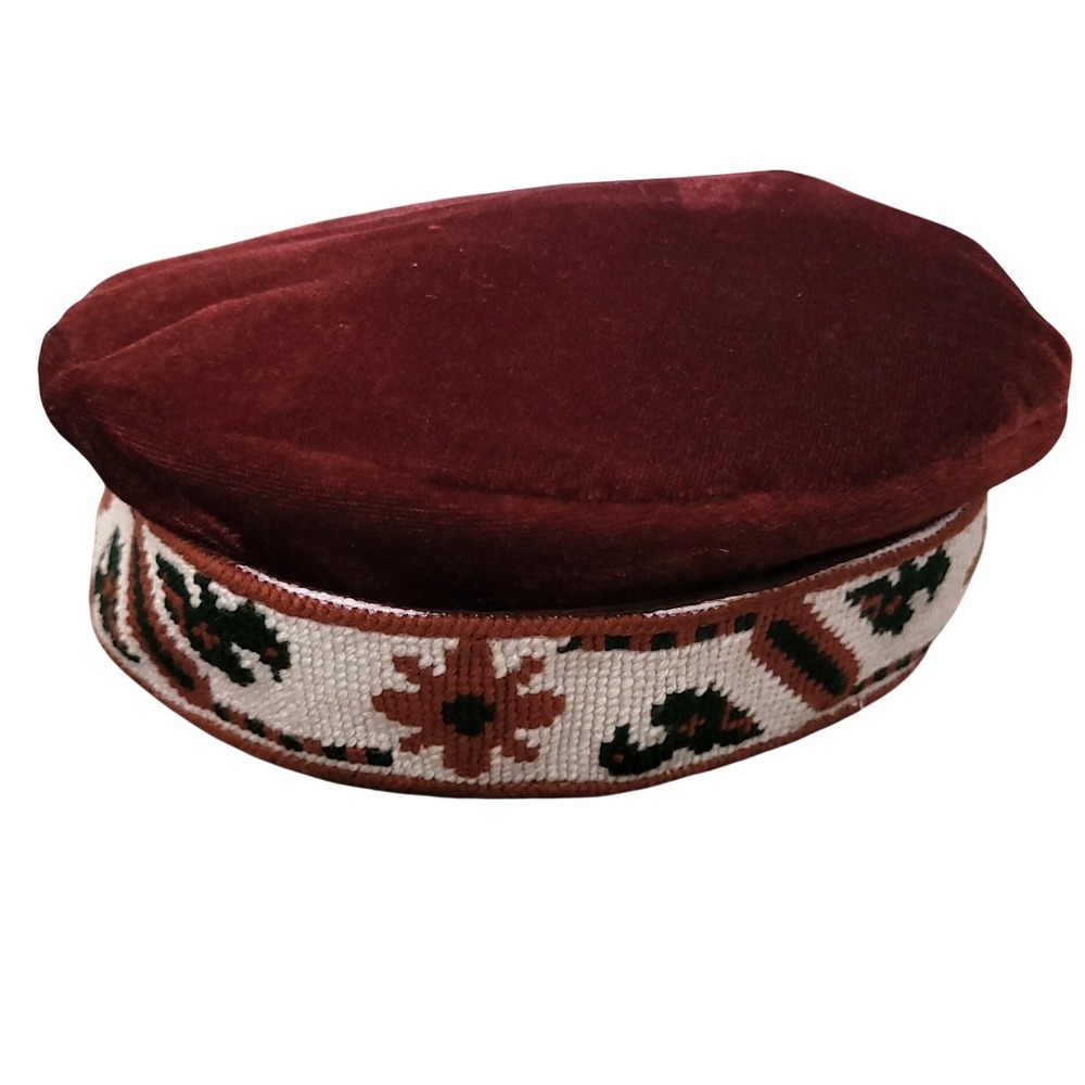 Vintage Hunza Burgundy Velvet Pillbox Hat Embroidered Geometric Band Ethnic Kufi